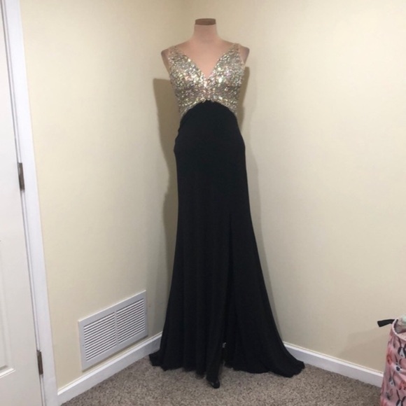 Poly USA By Neblon Gown Maxi Dress Size Small Petite Black Rhinestone - Picture 2 of 12